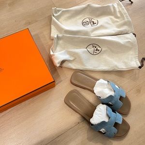 Hermes Denim Calfskin Oran Sandals Women Size 37